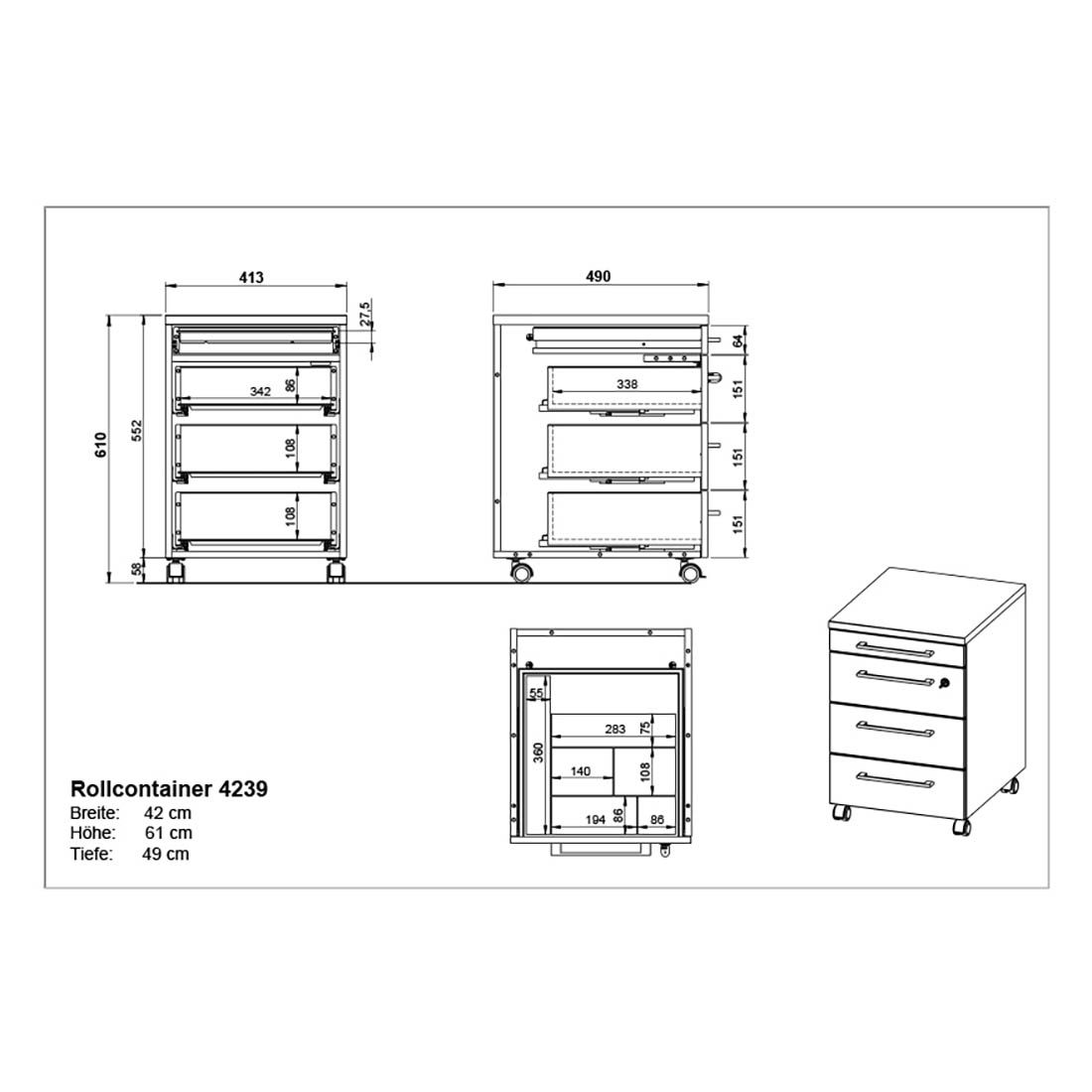 Germania Agenda Rollcontainer 42x49x61cm Graphit/Grandson-Eiche | Rollcontainer