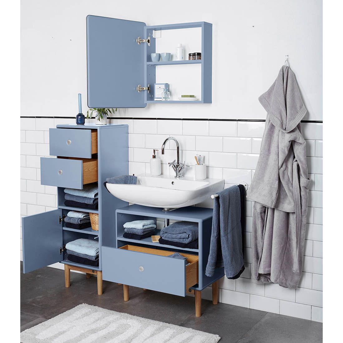 TOM TAILOR HOME Color Bath Waschbeckenunterschrank mit Fußgestell  65,5x33,5x63,5cm Dove Blau/Eiche