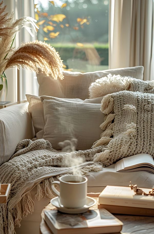 Hyggelige Atmosphäre mit Decken, Kissen und Teppichen aus natürlichen Stoffen