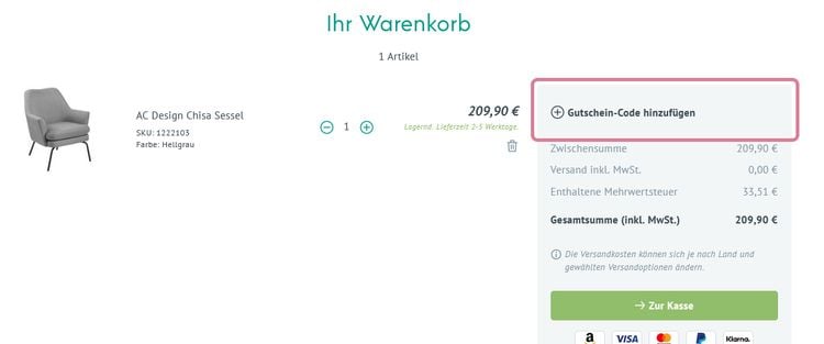 Info Gutschein einlösen im Warenkorb